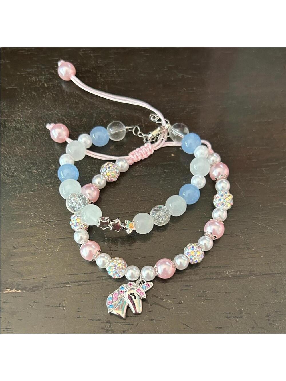 Pink and Blue Beaded Charm Bracelet Set